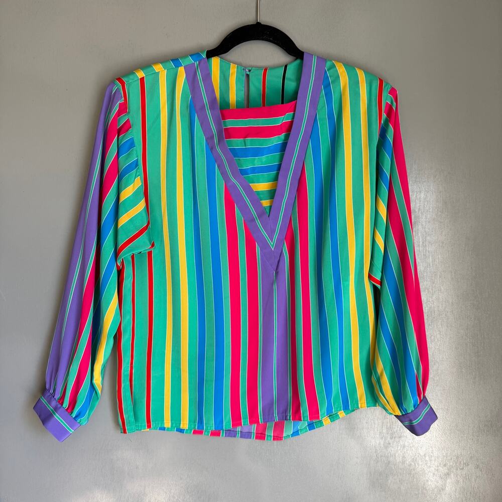 Vintage DONCASTER Women's 10 Colorful Striped Blouse 90's Retro Career Secretary